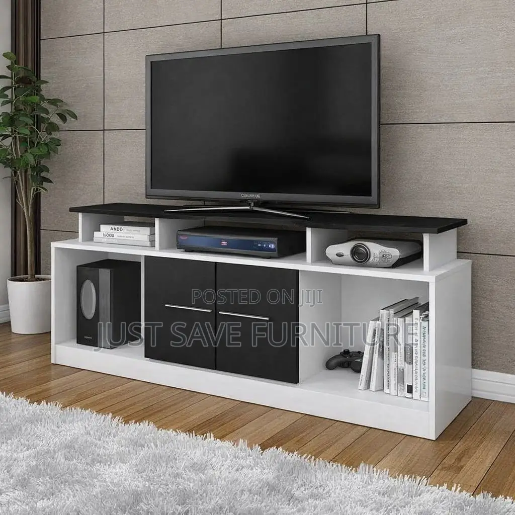 Modern Black White Tv Stand With Storage Shelves and Cabinet for Sale