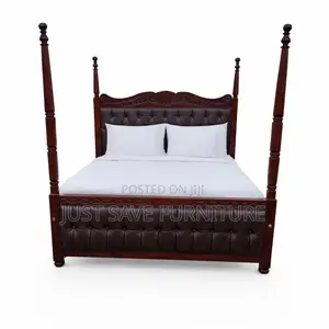 5×6 Elegant Wooden Four Poster Bed With Upholstered Headboard