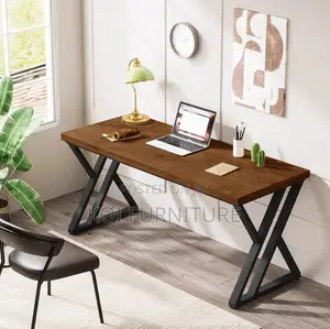 Office Desk : 1.4m Rustic Large Computer Desk With Metal Base.