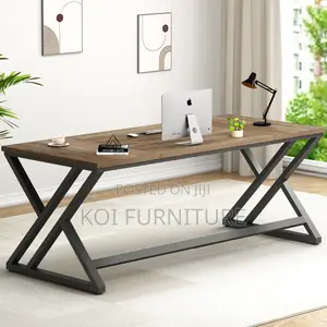 Office Desk : 1.4m Rustic Large Computer Desk With Metal Base.