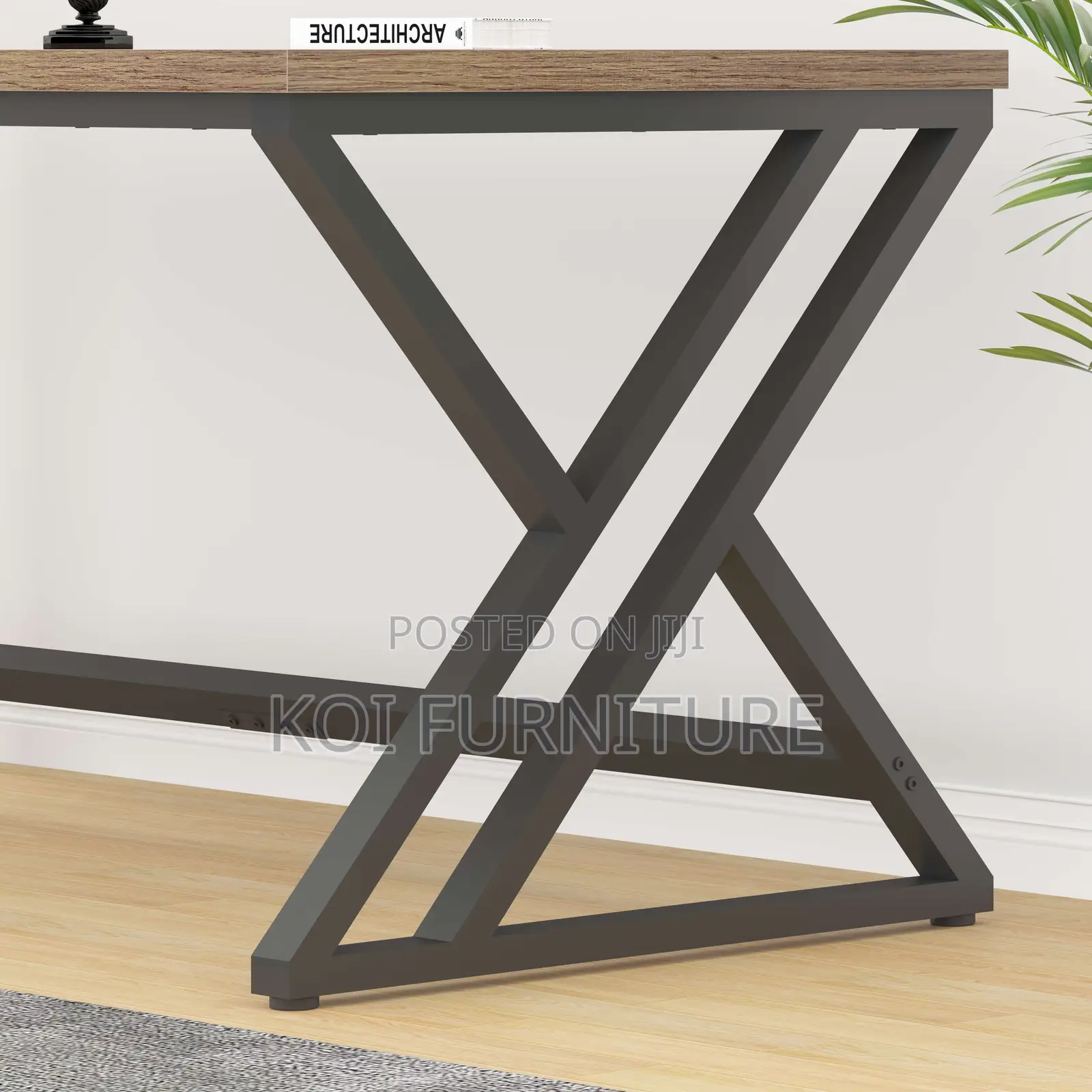 Office Desk : 1.4m Rustic Large Computer Desk With Metal Base.