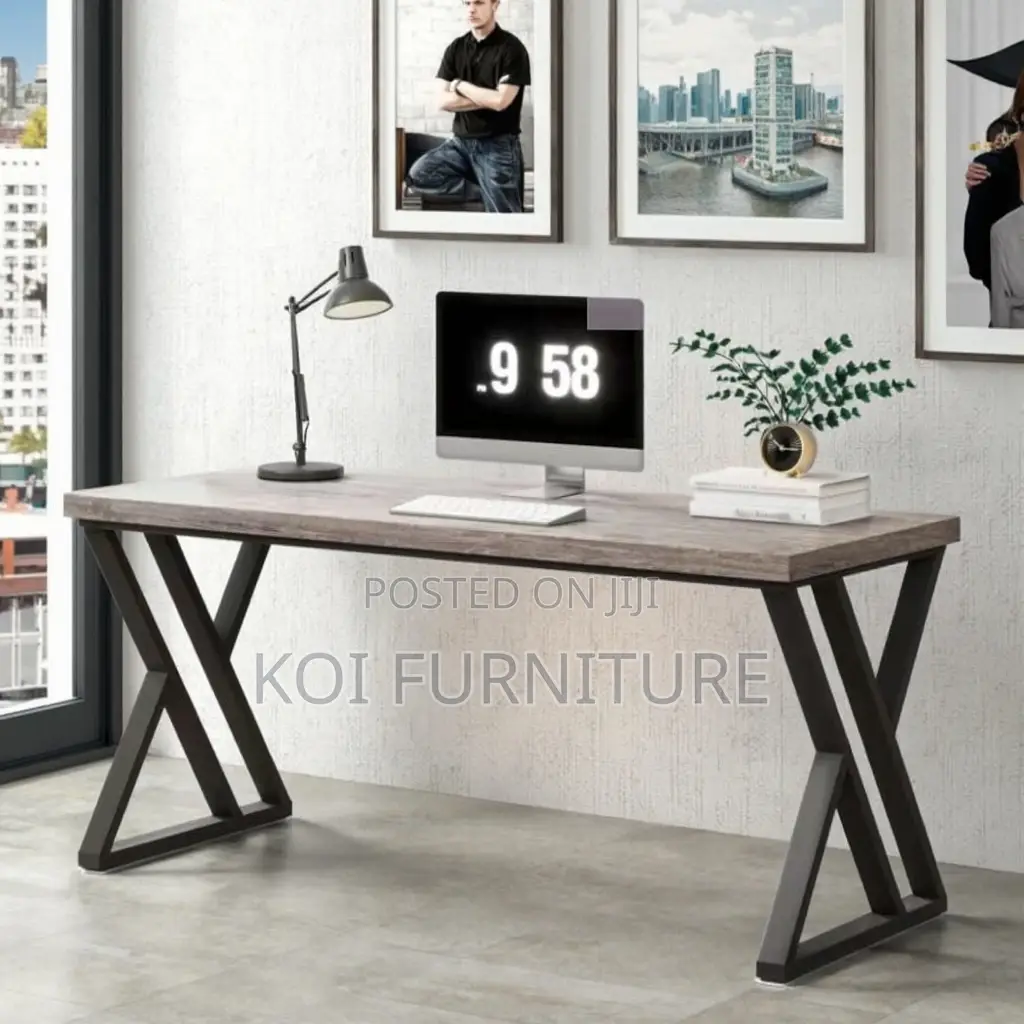 Office Desk : 1.4m Rustic Large Computer Desk With Metal Base.