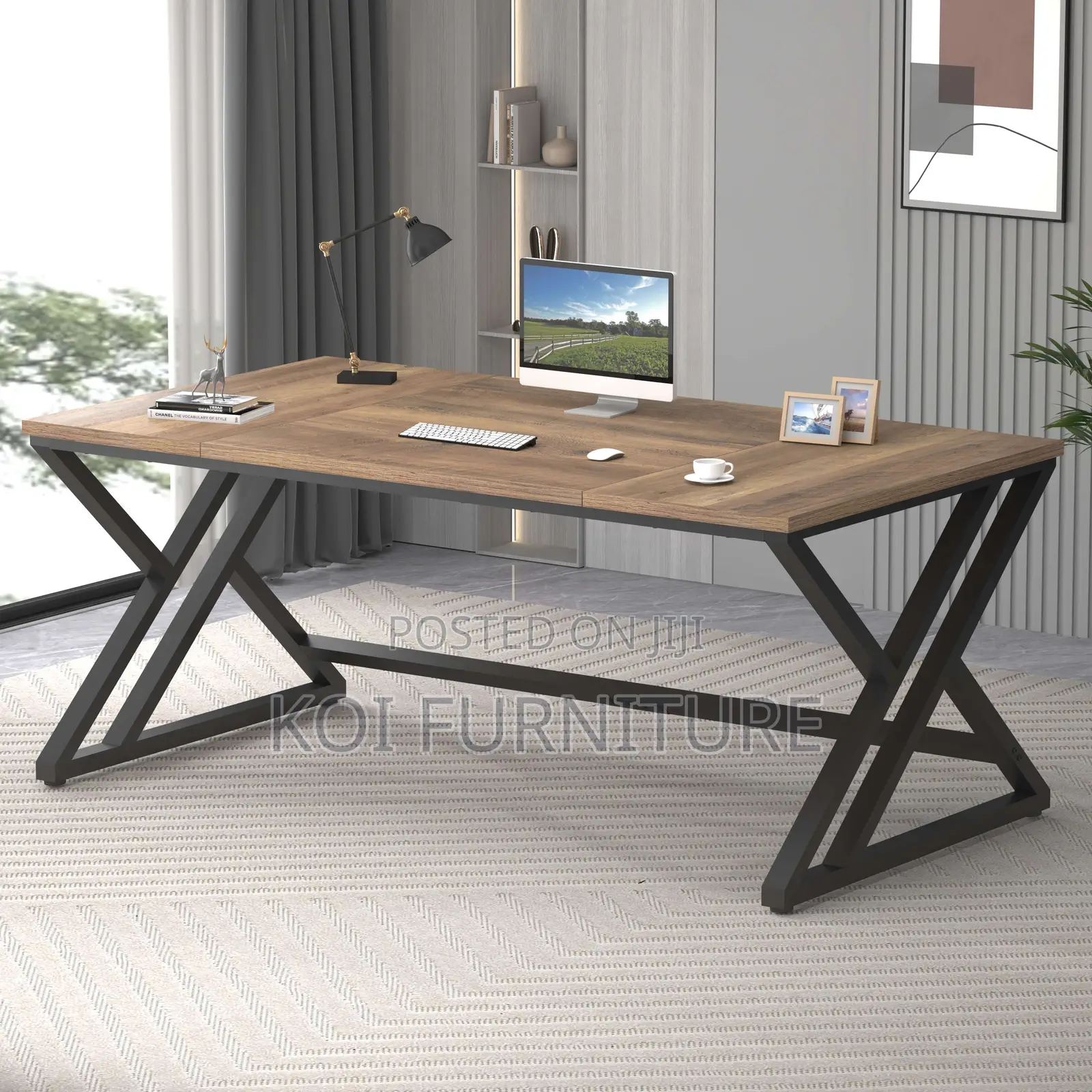 Office Desk : 1.4m Rustic Large Computer Desk With Metal Base.