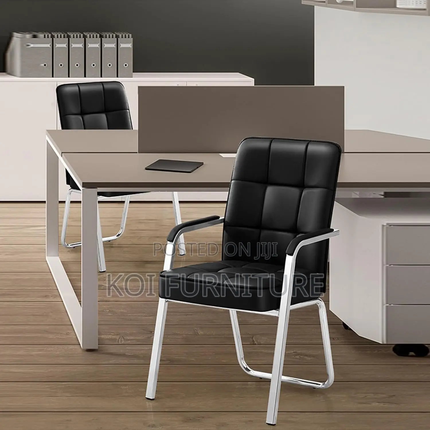Office Chair : Modern Black Leather Visitor Chair – Chrome Frame