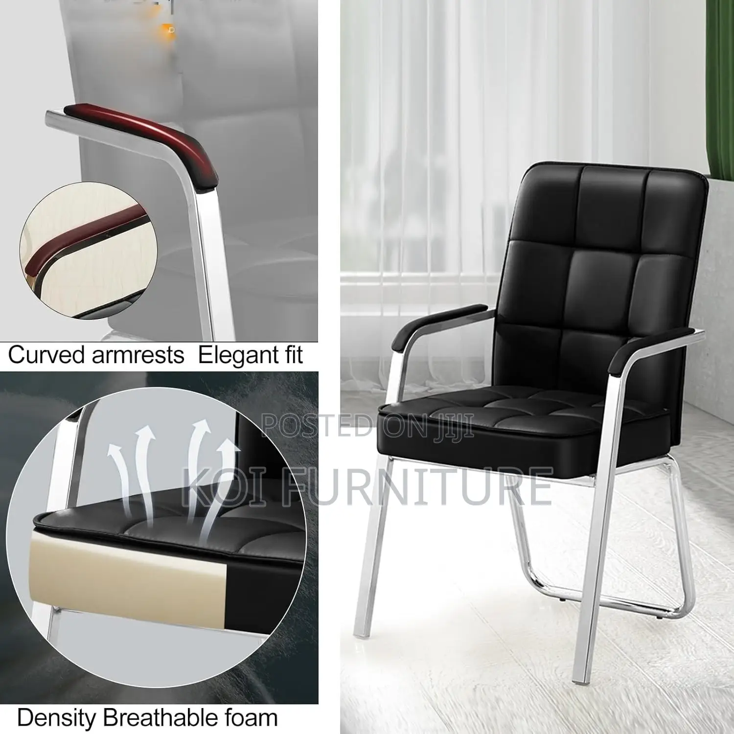 Office Chair : Modern Black Leather Visitor Chair – Chrome Frame