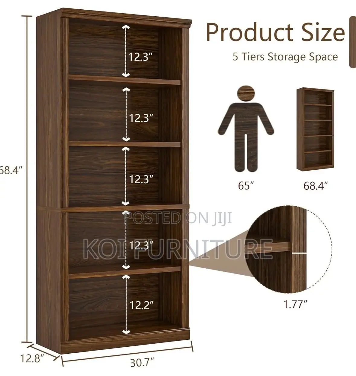 Office Bookcase : Modern Brown 5-Tier Wooden Bookcase,