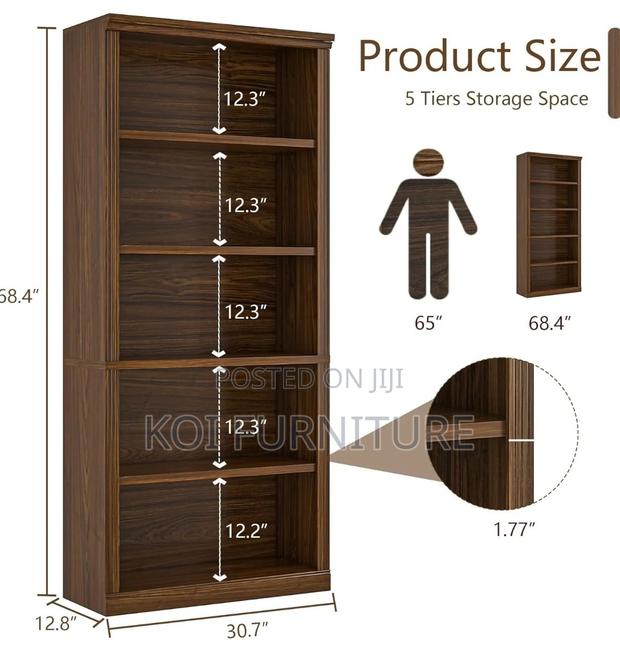 Office Bookcase : Modern Brown 5-Tier Wooden Bookcase, - thumbnail 8
