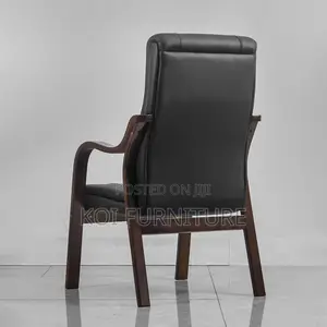 Office Chair:Executive Visitor Chair – Black Leather With Wooden Frame