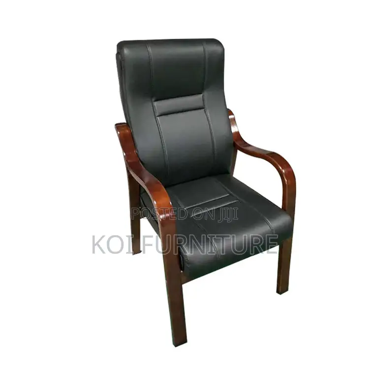Office Chair:Executive Visitor Chair – Black Leather With Wooden Frame