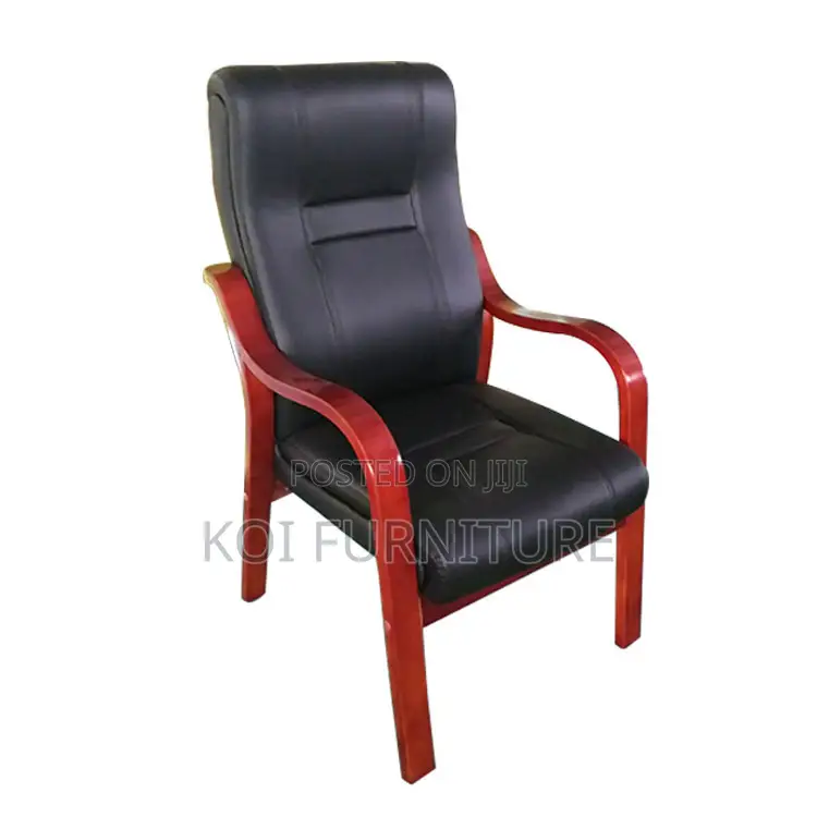 Office Chair:Executive Visitor Chair – Black Leather With Wooden Frame