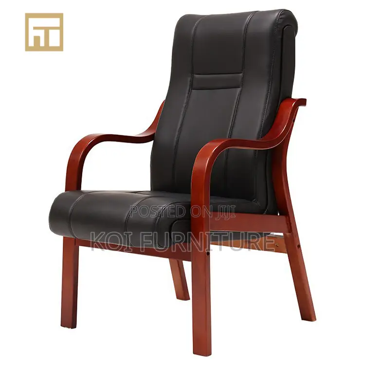 Office Chair:Executive Visitor Chair – Black Leather With Wooden Frame