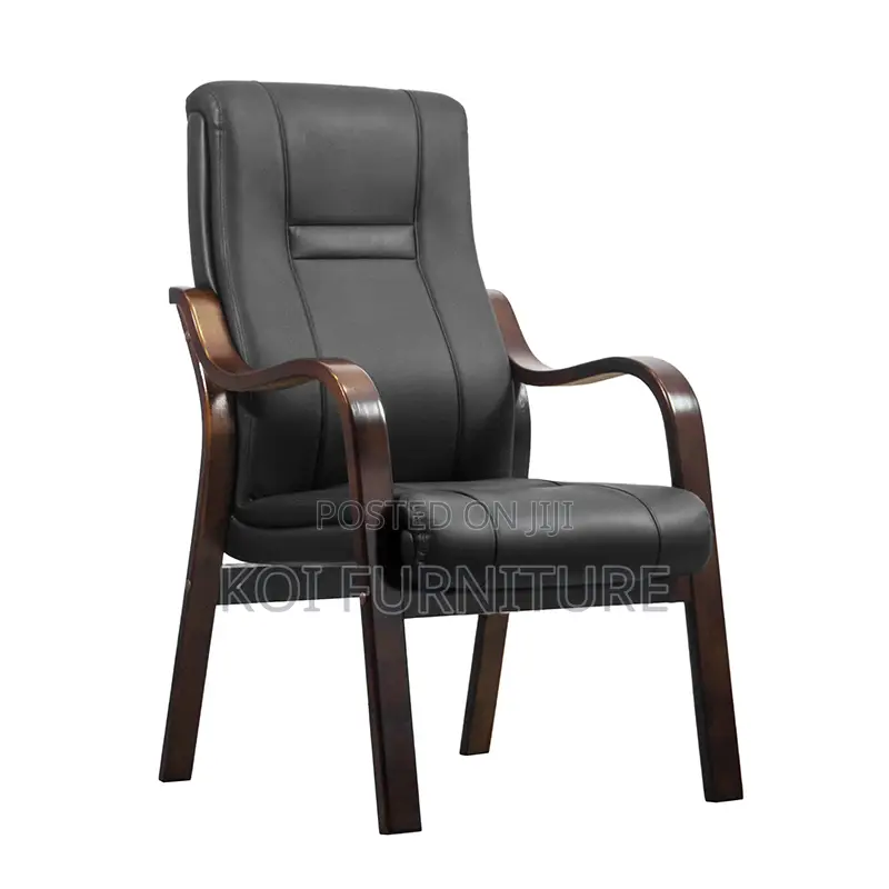 Office Chair:Executive Visitor Chair – Black Leather With Wooden Frame