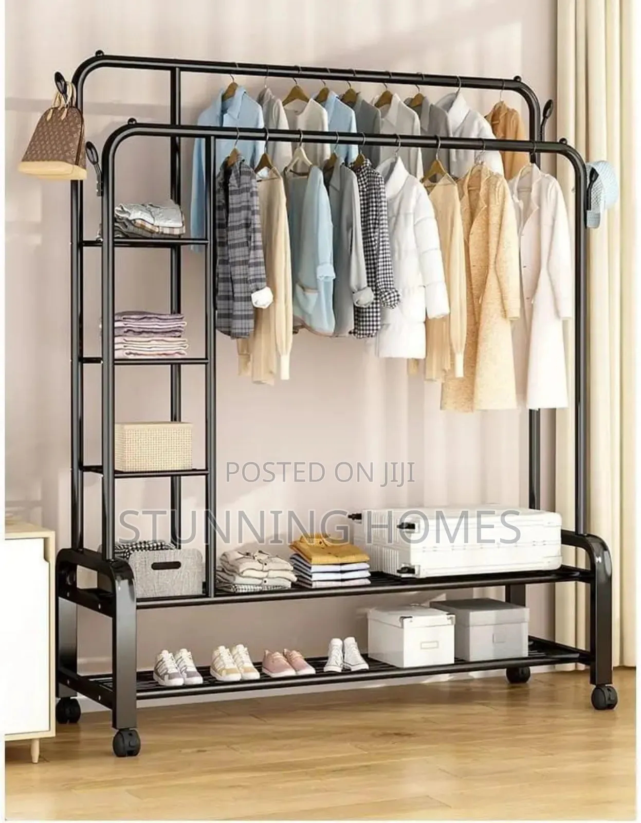 Clothes Hanging Rack With Side Shelves
