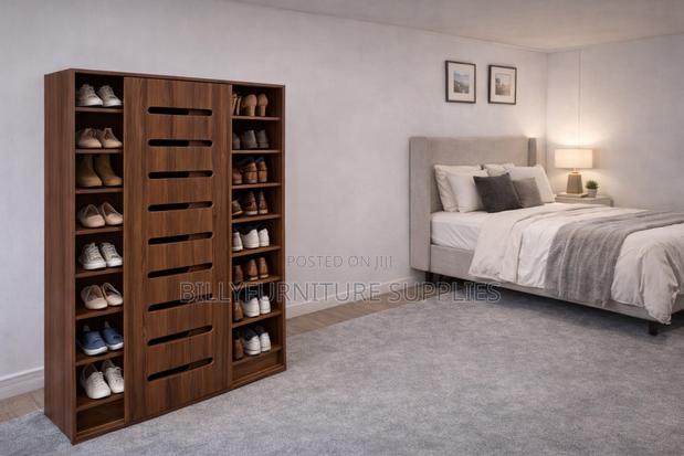 Large Wooden Sliding Shoe Rack Cabinet With Multiple Shelves