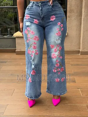 Blue Fashionnova Floral Embroidery Wide Leg Jeans