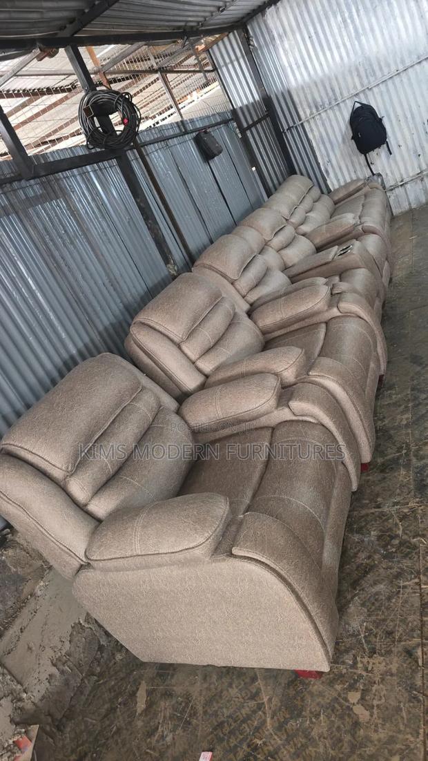 7 Seater Cream Brown Semi Recliner Sofa