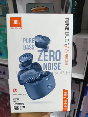 The JBL Tune Buds True Wireless Noise-Cancelling Earbuds in Blue.
