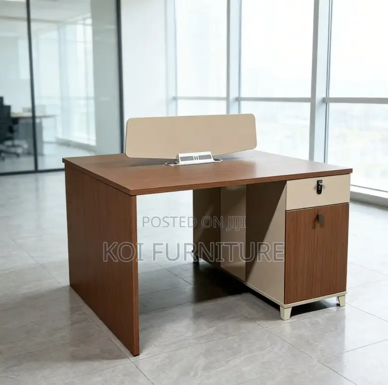 Office Desk : 2-Way Workstation Desk Featuring Walnut-Colored Desktop