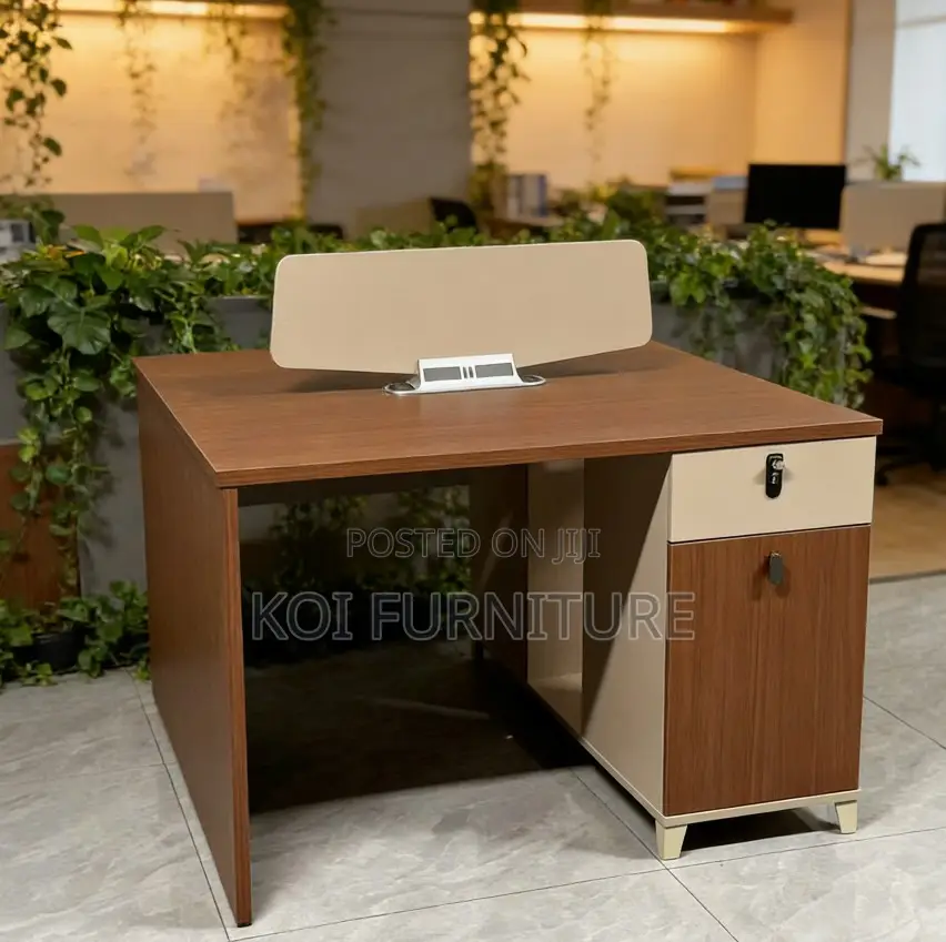 Office Desk : 2-Way Workstation Desk Featuring Walnut-Colored Desktop
