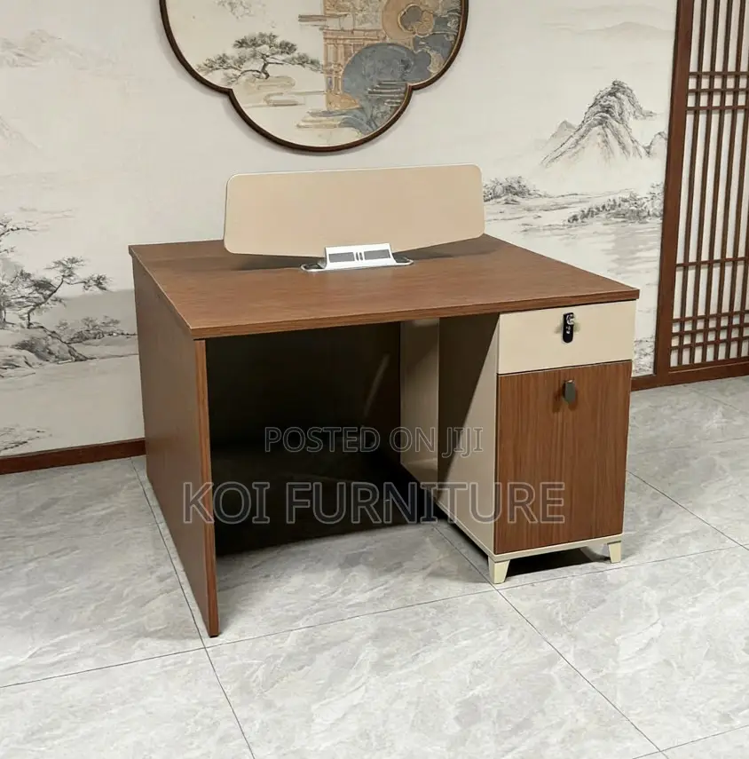 Office Desk : 2-Way Workstation Desk Featuring Walnut-Colored Desktop