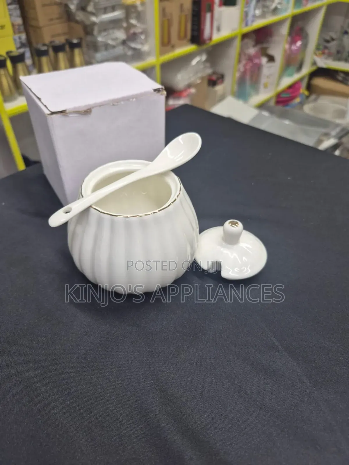Gold Rimmed Ceramic Sugar Dish With Spoon