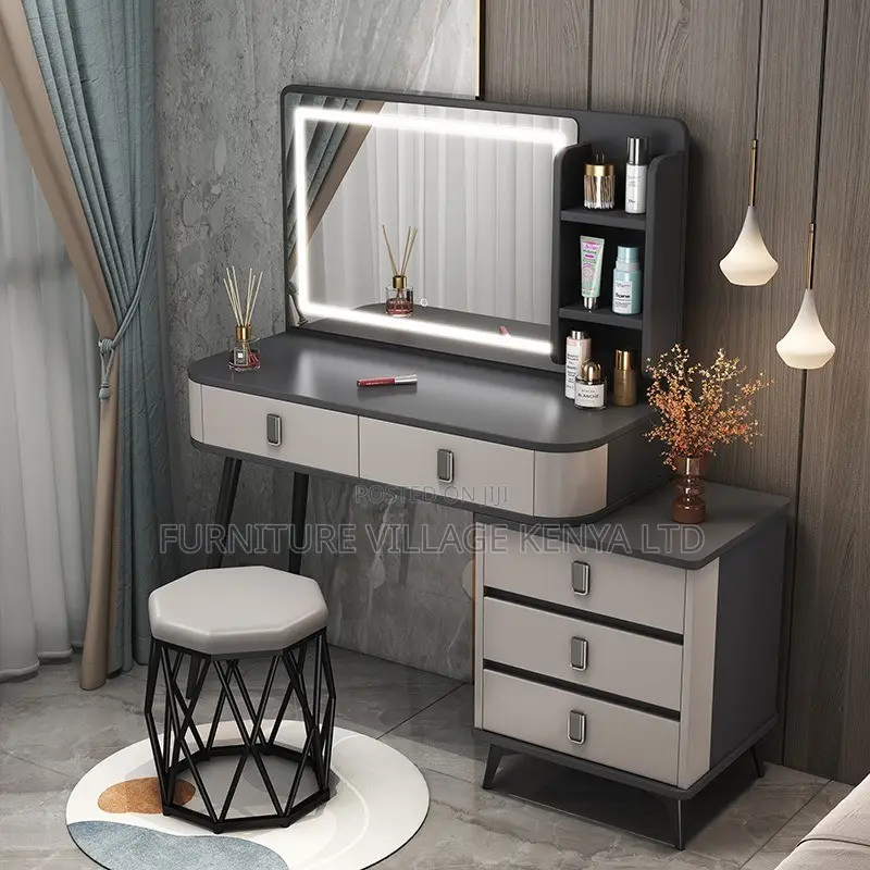 Office Cabinet; Modern Dressing Table With Led Mirror And Stool
