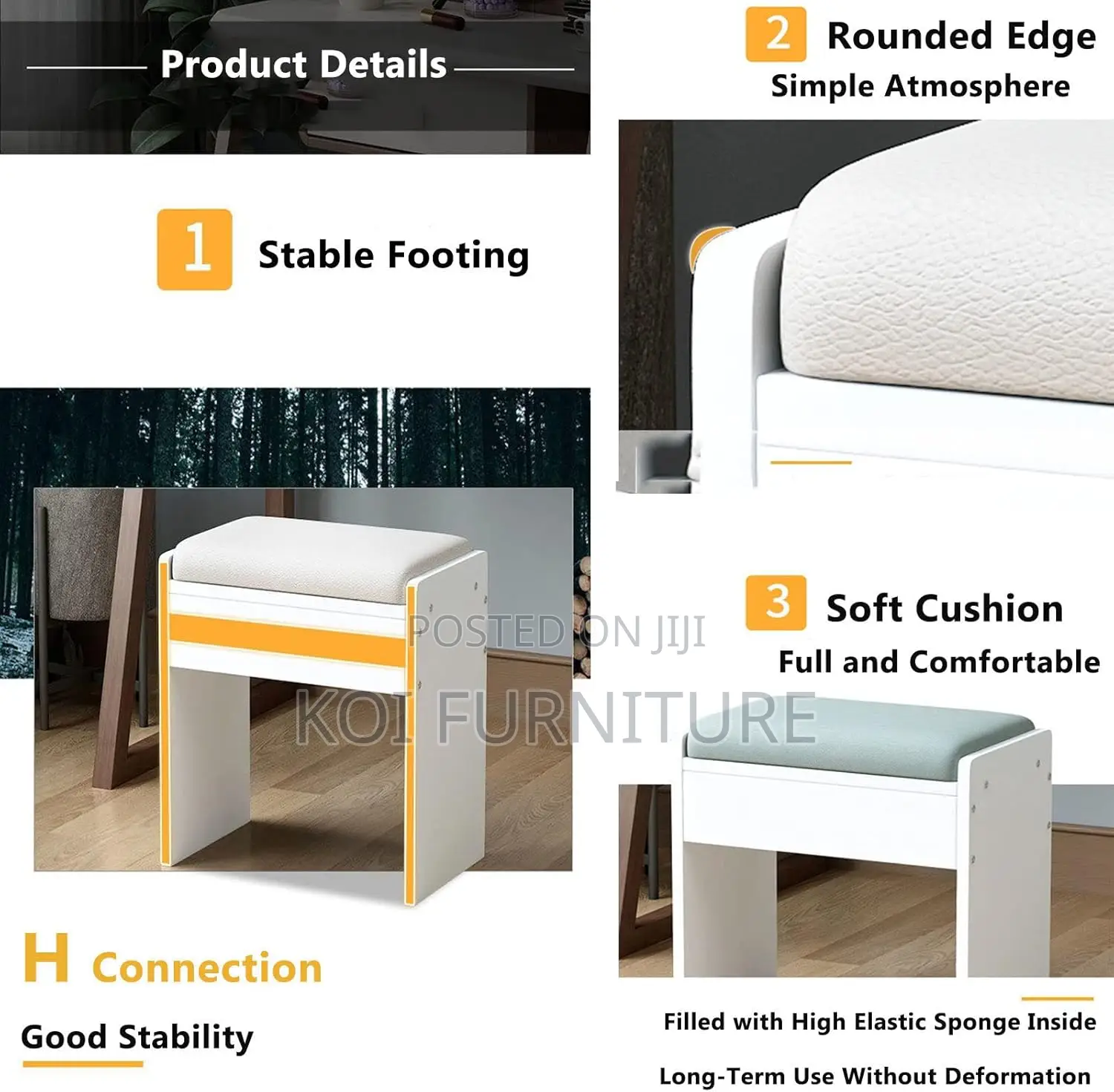 Vanity Stool : Upholstered Ottoman Stool With H-Shaped