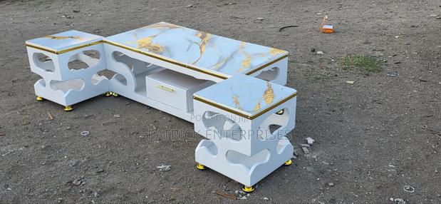 Modern Top Ceramic/ Glass Coffee Table With Two Stools.
