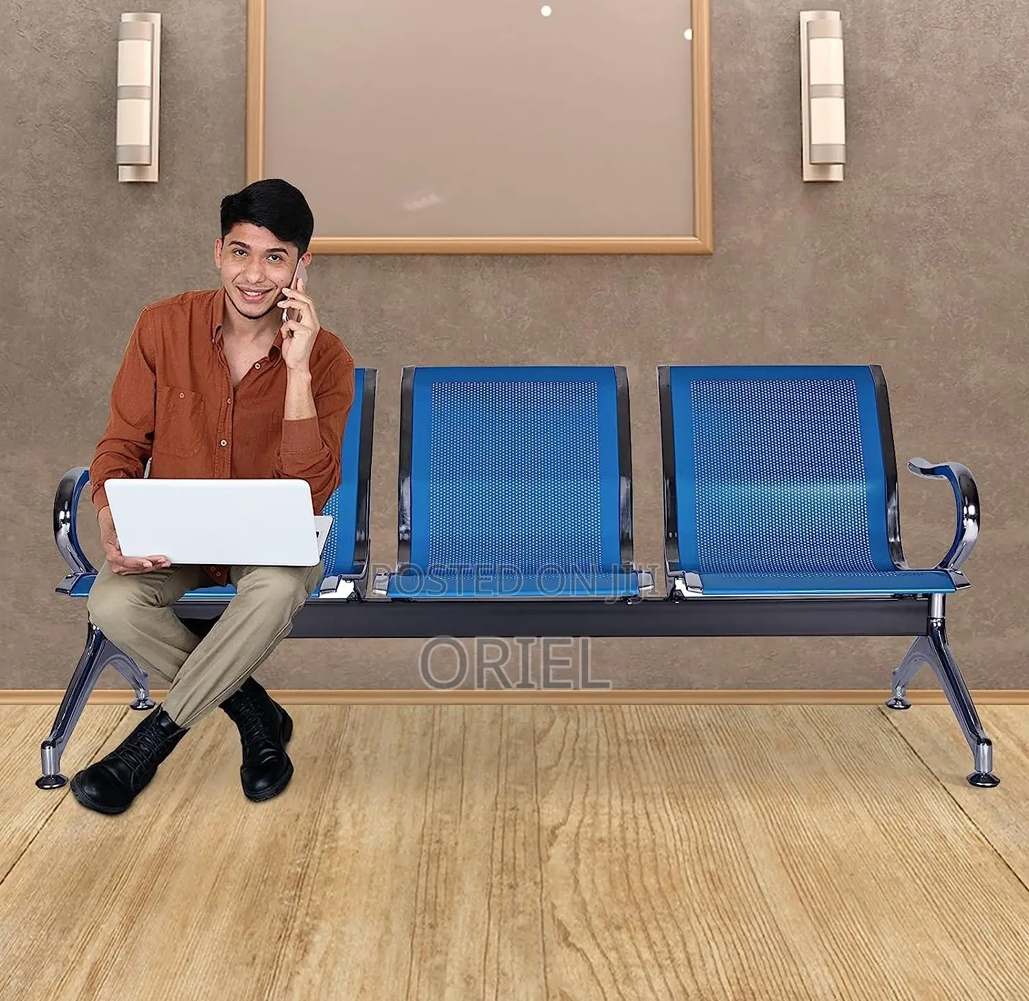 Office Bench : Linked Blue 3-Seater Office Bench