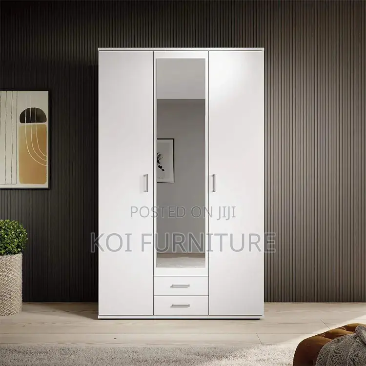 Home Wardrobe : 3-Door Wardrobe in White With Mirror and Doors