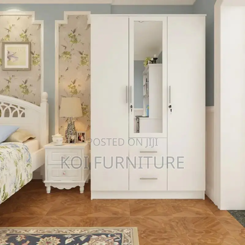 Home Wardrobe : 3-Door Wardrobe in White With Mirror and Doors