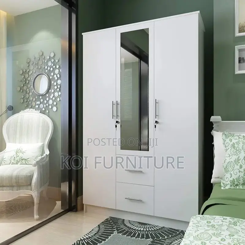 Home Wardrobe : 3-Door Wardrobe in White With Mirror and Doors
