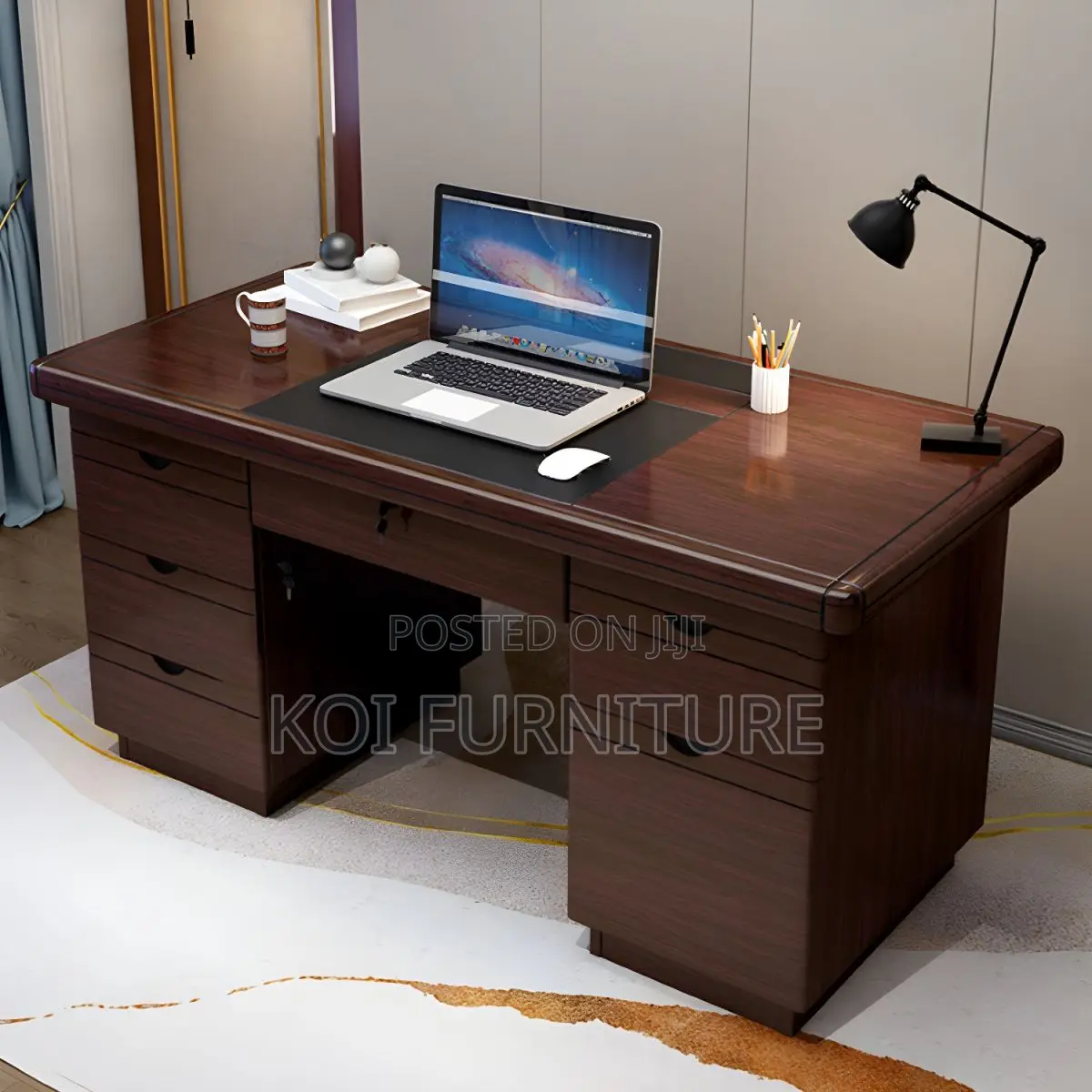 Office Desk : 1.4m Wooden Executive Desk With Dark Mahogany Finish