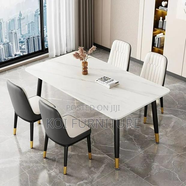Dining Set; Four Seaters Marble Surface Dining Table -Leather Seats - main view