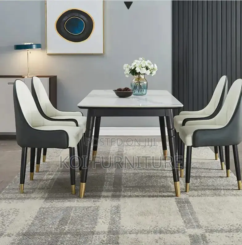 Dining Set; Four Seaters Marble Surface Dining Table -Leather Seats