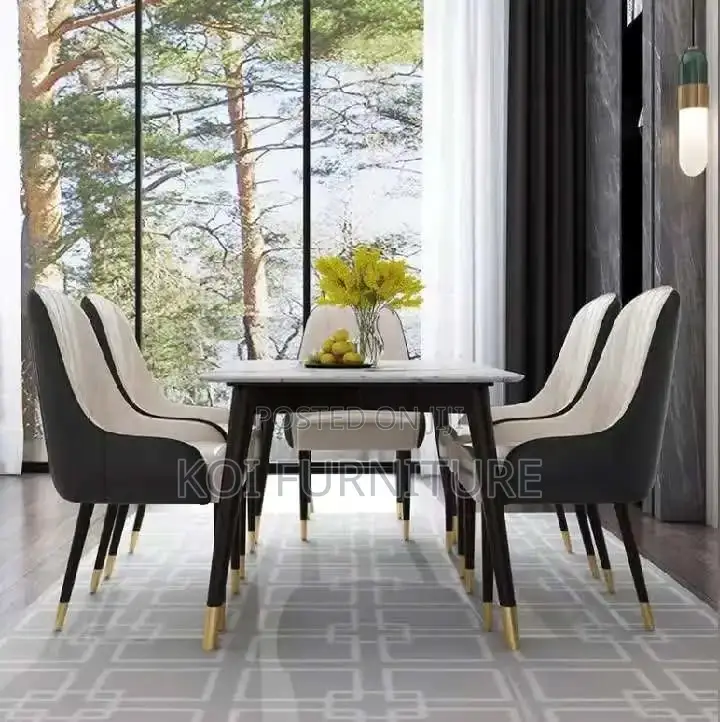 Dining Set; Four Seaters Marble Surface Dining Table -Leather Seats