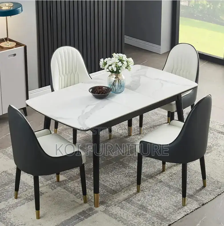 Dining Set; Four Seaters Marble Surface Dining Table -Leather Seats