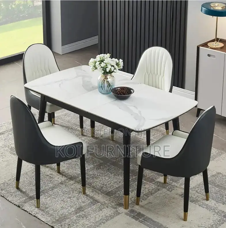 Dining Set; Four Seaters Marble Surface Dining Table -Leather Seats