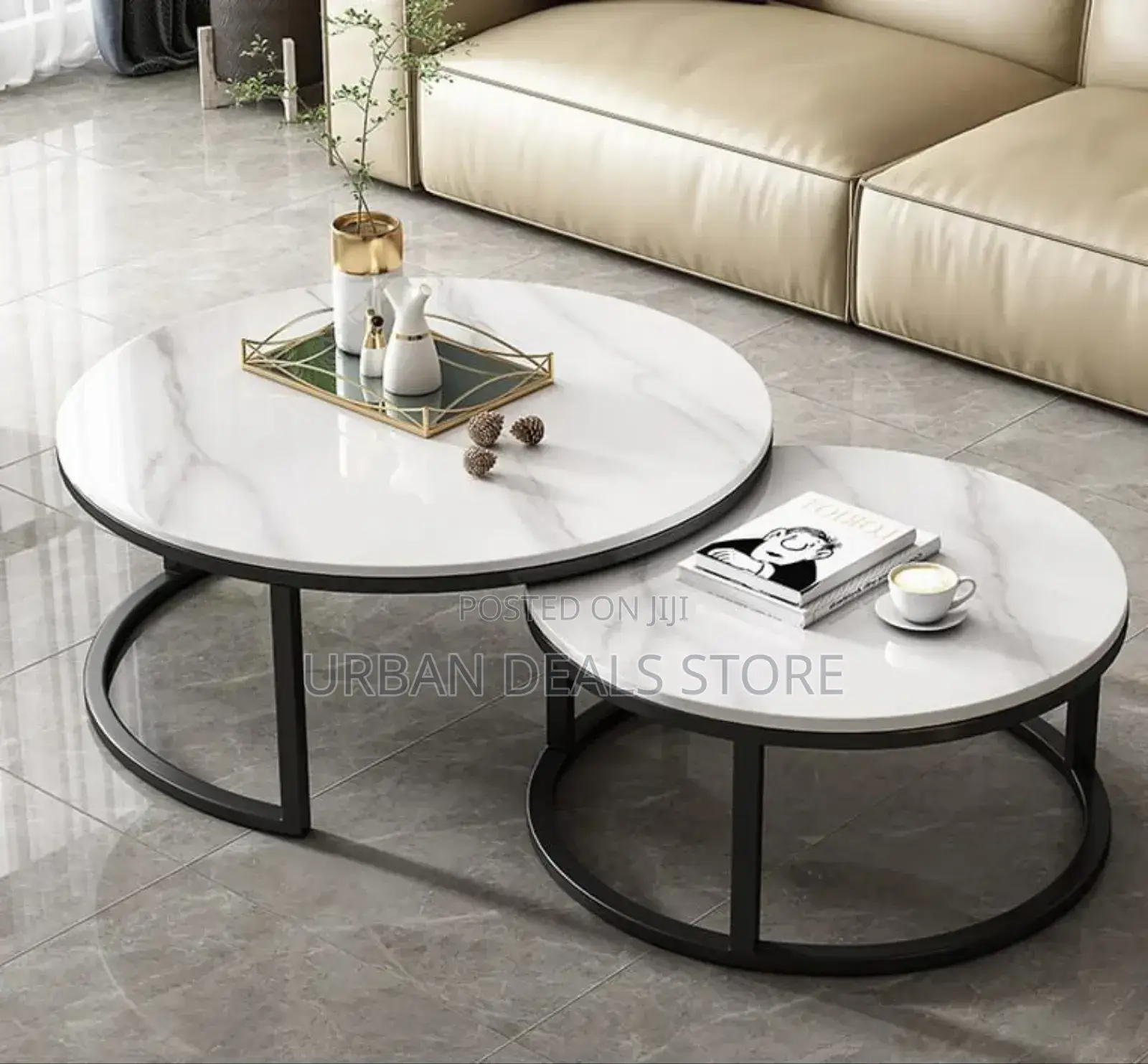 Modern Luxury 2in1 Pure Marble Nesting Tables With Black Stand
