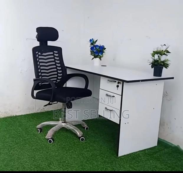 White 1.2m Office Desk and Black Headrest Chair