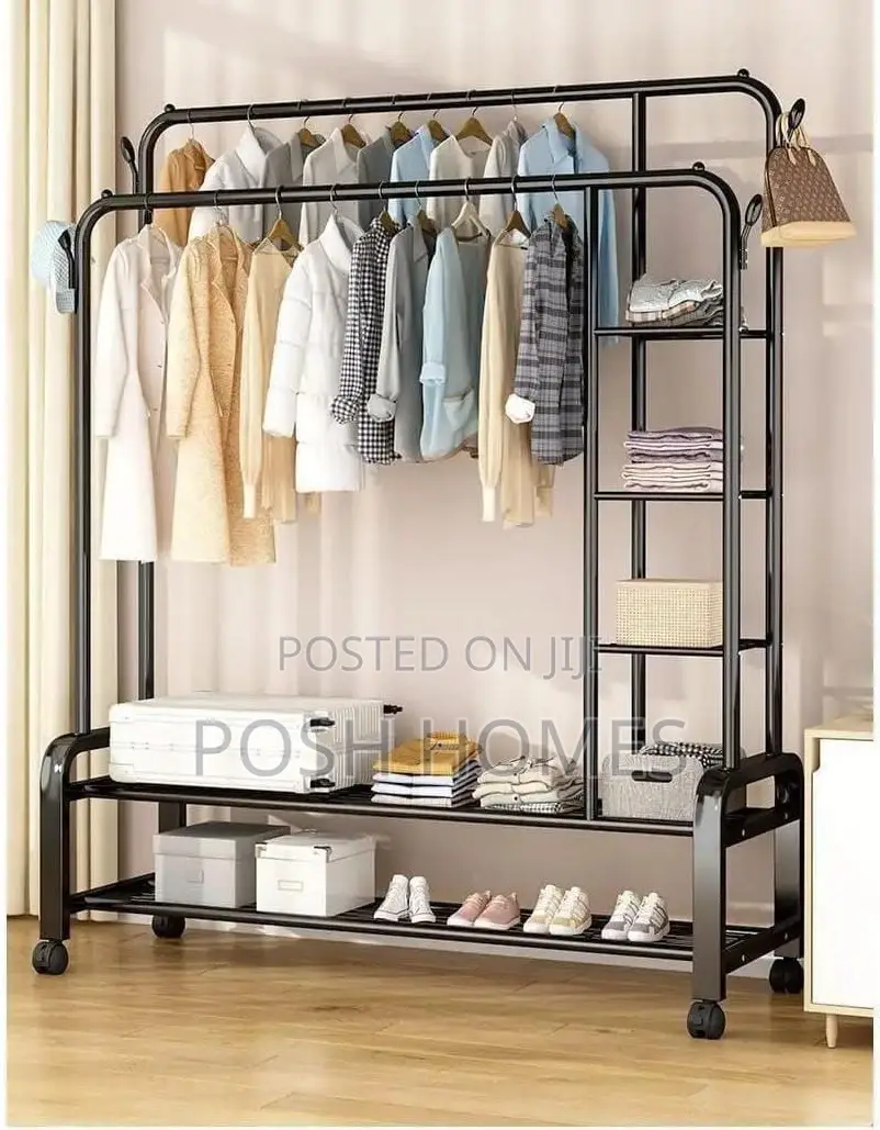 Multifunctional Clothes Rack With Side Storage Shelves