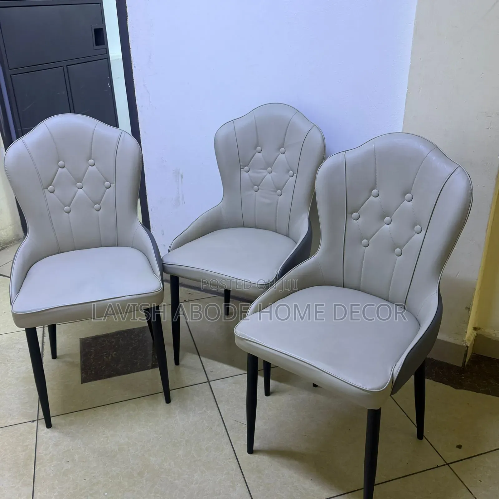Luxurious Beige Leather Dining Chair – Black Metallic Legs
