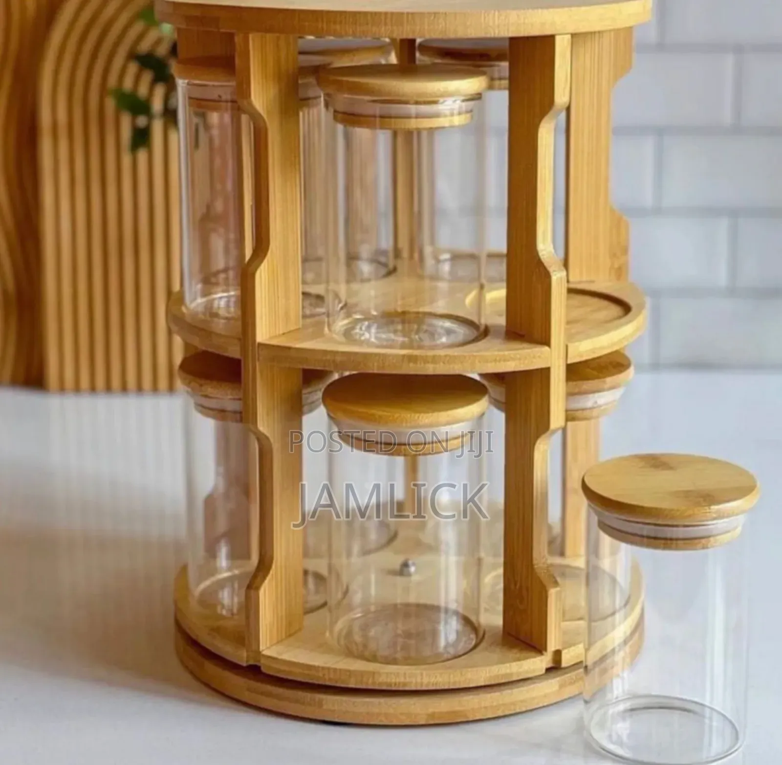 360° Rotating Bamboo Spice Rack With 10 Jars - Hm