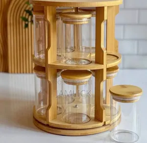 360° Rotating Bamboo Spice Rack With 10 Jars - Hm