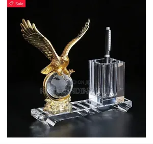 Office Stationary Crystal Glass Pen Holder With Golden Eagles Hp