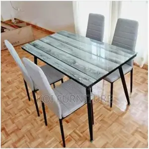 Dining Set : 4-Seater Dining Table With Gray Upholstered Chairs