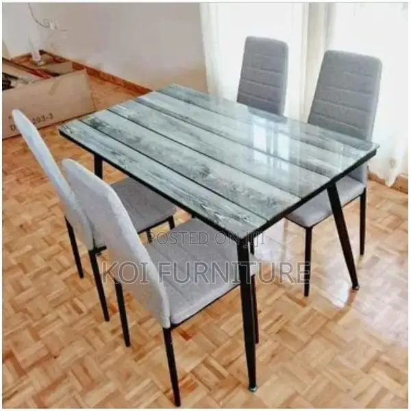 Dining Set : 4-Seater Dining Table With Gray Upholstered Chairs
