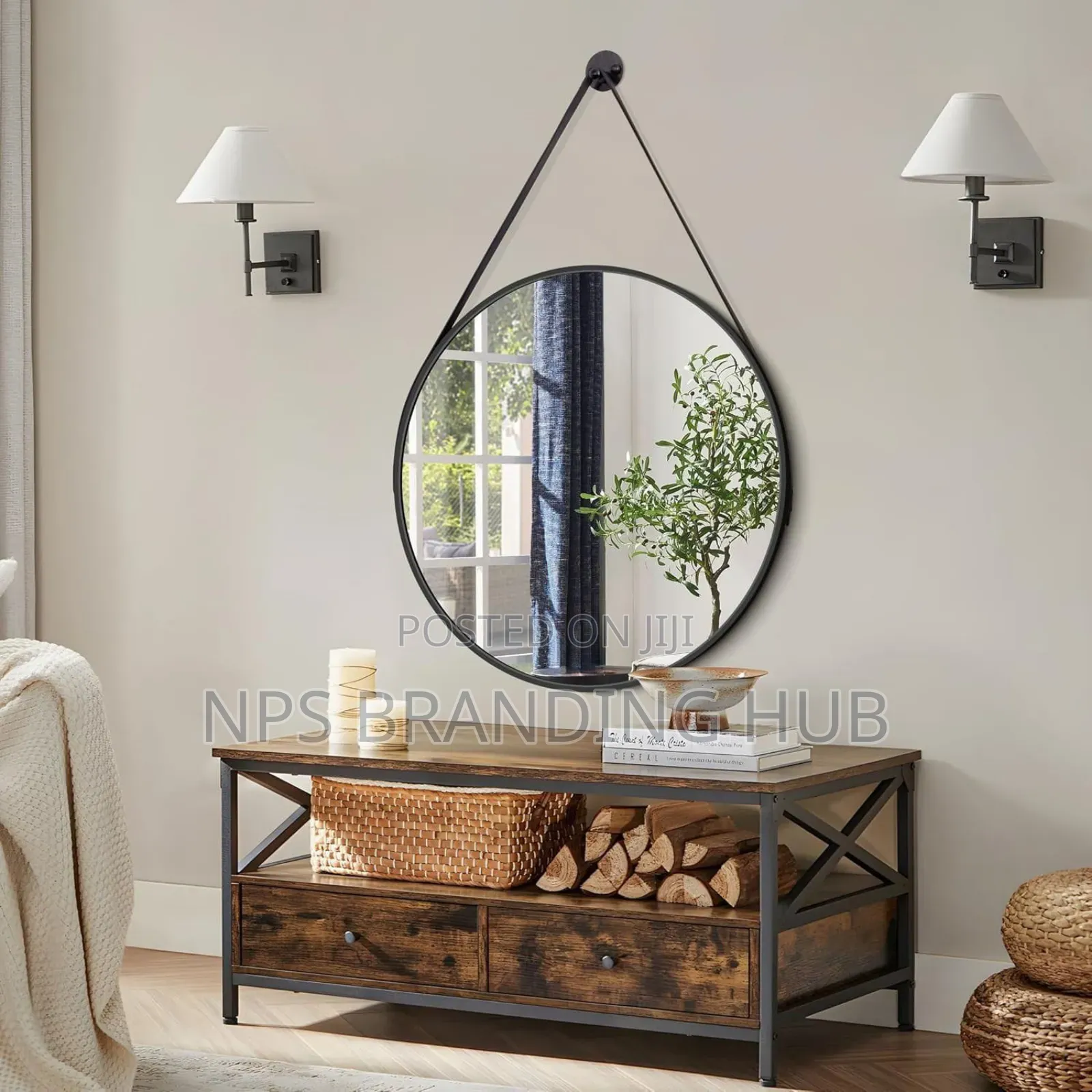 Round Hanging Mirror With Strap Decorative Wall Mirror 60cm Hp