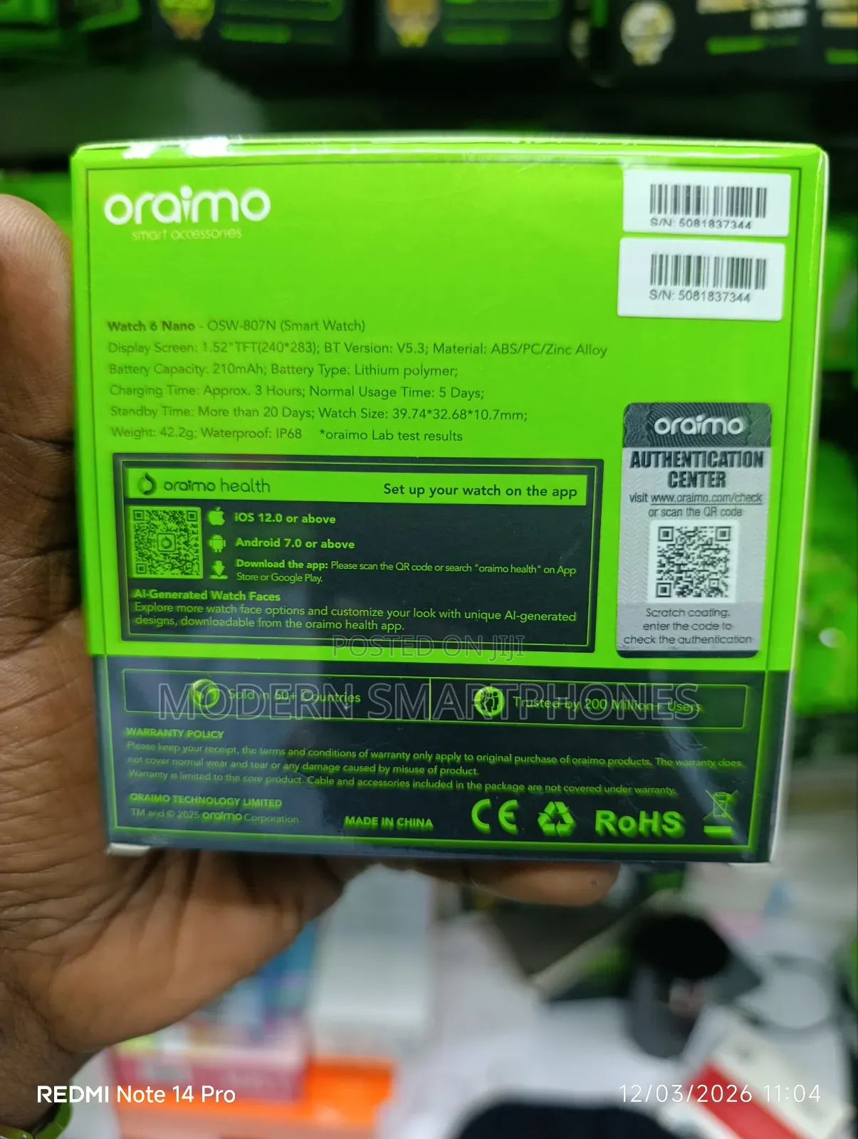 Oraimo Watch 6 Nano 1.52" Tft Full Touch Smart Watch