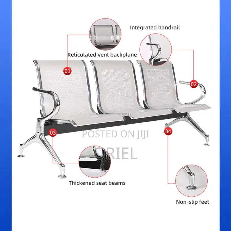Office Bench : 3-Seater Stainless Steel Office Waiting Bench
